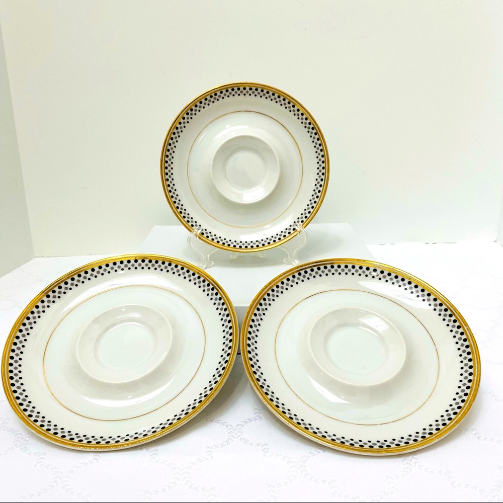 Norleans Gold Symphony 3 Saucers Gold Trim Black Gray Dots On White China